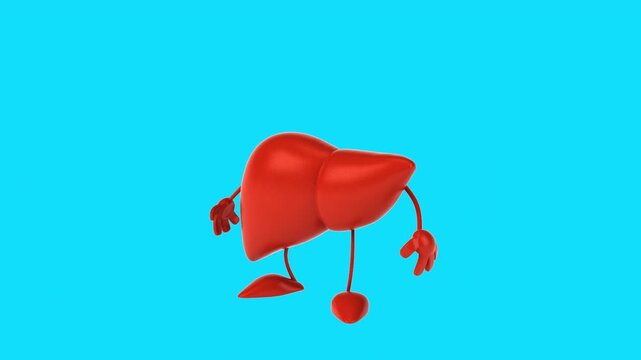 Conceptual 3D animation of a cartoon liver jumping (with alpha)