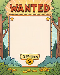 Wanted poster template with placeholder text and cartoonish background in nature