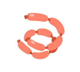 Sausage chain in coil. Meat food product in bundle. Wurst, frankfurters link for cooking. Culinary ingredient, fresh protein fat eating, snack. Flat vector illustration isolated on white background