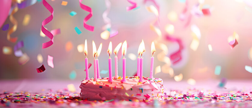 Pink birthday cake glows amidst falling confetti. Soft lighting, festive mood. Ideal for party invitations, event flyers, celebratory posters.