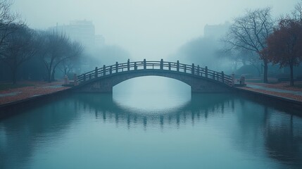 A quiet bridge arches gracefully over still waters, shrouded in morning mist as nature awakens in peaceful solitude