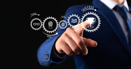 Businessman touching a digital cogwheel chain displaying the business process from vision and idea to planning, teamwork, and ultimately achieving success and a trophy.