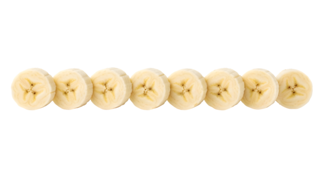 A row of sliced bananas isolated on transparent background