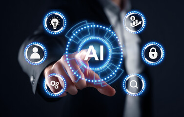 Businessman hand pointing at AI (Artificial Intelligence) on a futuristic digital interface with icons representing automation, data analysis, innovation, and network security.