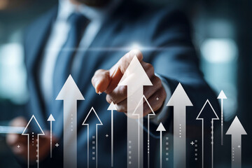 Businessman hand pointing at digital glowing arrows rising up. Concept of business growth, financial success, stock market upward trend, and progress.