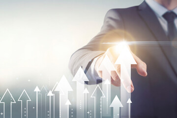Businessman hand pointing at digital glowing arrows rising up. Concept of business growth, financial success, stock market upward trend, and progress.