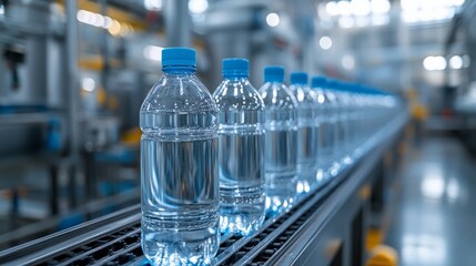 Clear water bottles move on a conveyor belt, showcasing efficiency and high-quality control in the factory