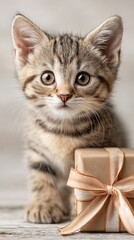 A cute tabby kitten with big eyes curiously standing next to a beautifully wrapped gift, capturing the essence of playfulness and joy.