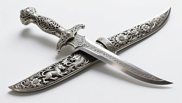 Ceremonial dagger with a curved blade and ornate metal sheath crafted in silver with intricate engraved patterns of mythical creatures and floral motifs. - Powered by Adobe