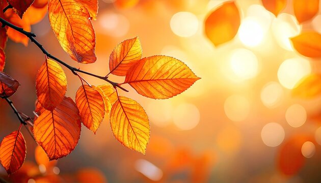 A close-up view of a tree branch adorned with bright orange autumn leaves, illuminated by the warm glow of the sun. - Powered by Adobe