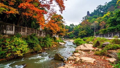 Scenic river landscape with vibrant autumn foliage and lush greenery.