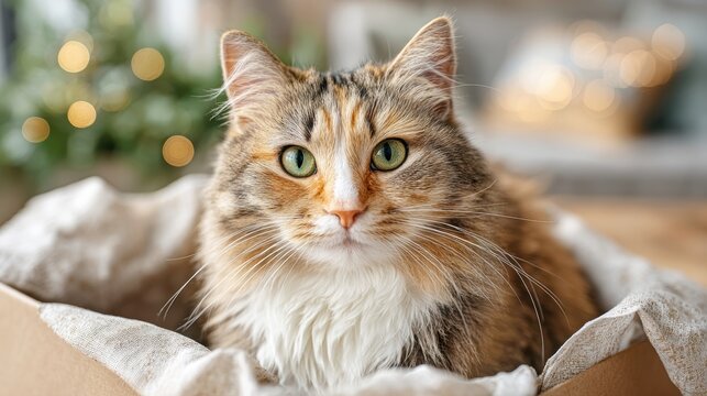 A close-up of a fluffy cat with striking green eyes, sitting gracefully in a cozy box, surrounded by soft textures.