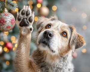A charming dog reaching for a Christmas ornament, surrounded by festive lights and decorations, capturing the joy of the holiday season.