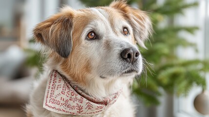 A thoughtful dog gazes into the distance, adorned with a stylish bandana, creating a heartwarming and charming scene.