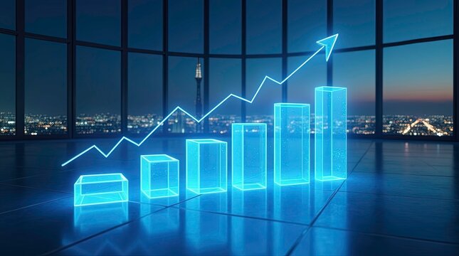 Growth and financial success foam of glowing holographic bar charts and rising graph lines arranged  ascending steps inside a modern office with glass windows overlooking a blurred night city skyline. - Powered by Adobe