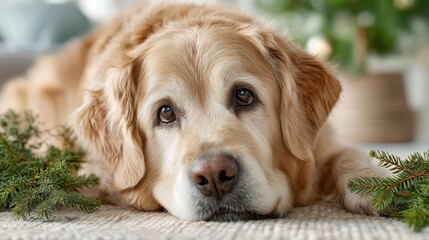 A golden retriever resting peacefully on a cozy rug, surrounded by festive decor, exuding warmth and affection.