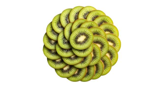 A circular arrangement of sliced kiwi fruit isolated on a transparent background