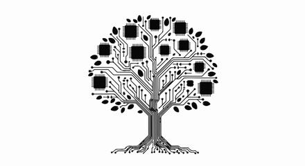 Digital tree with circuit board branches and chip leaves symbolizes technology growth and innovation.