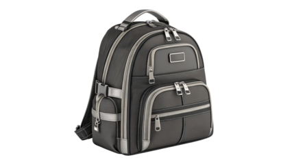 A black backpack with silver accents, isolated on transparent background