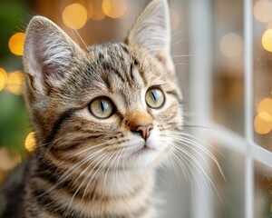 A curious cat gazes through a window, surrounded by a bokeh of warm lights, capturing a moment of wonder and serenity.