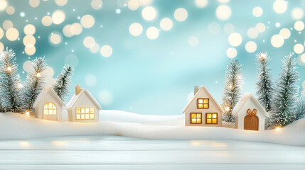 Charming miniature winter village aglow holiday cheer fills snowy scene