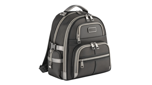 A black backpack with silver accents, isolated on transparent background