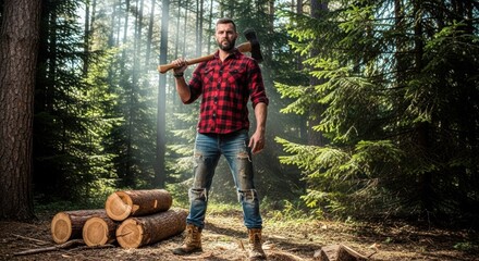 Bearded man, a lumberjack with an axe on his shoulder, standing in a pine forest next to cut logs. Strong forester character.