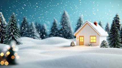 Snowy cottage glows warmly on cold winter day, inviting and cozy