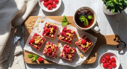 Overhead view of raspberry cashew bars with a cup of tea and fresh raspberries on a wooden board, perfect for a healthy dessert or snack