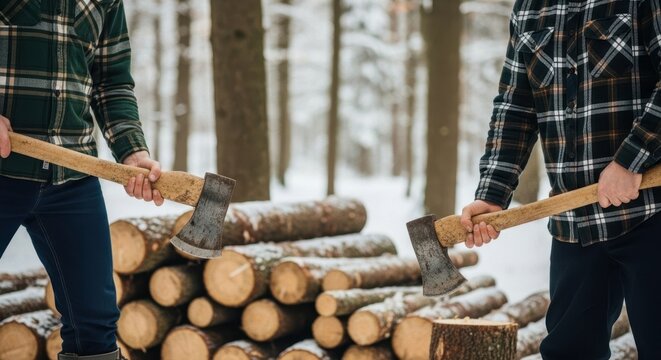Two men holding axes standing by a pile of freshly cut wood in a winter forest, ready for lumberjack work or outdoor adventure. - Powered by Adobe