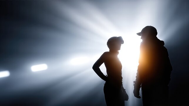 Two Skiers Standing in Silhouette Under Bright Spotlight Rays. Night Scene with Dramatic Lighting. Team, Strategy and Winter Sports Visual