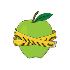 Green apple and measuring tape. Vector design