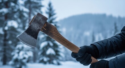 Man holding an axe in a snowy winter forest, ready to chop wood. Winter activities and outdoor work concept.