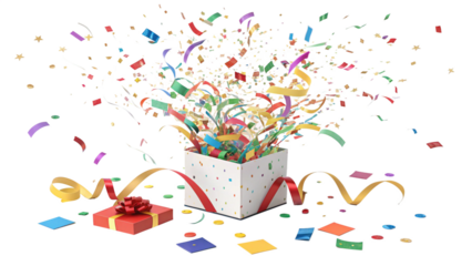 Explosion of colorful confetti and streamers erupting from an open gift box with a red ribbon and bow, isolated on transparent background