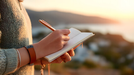 A person writing in a notebook, capturing thoughts and ideas, during a serene outdoor moment with a sunset view. A close-up shot that evokes a feeling of calm and inspiration