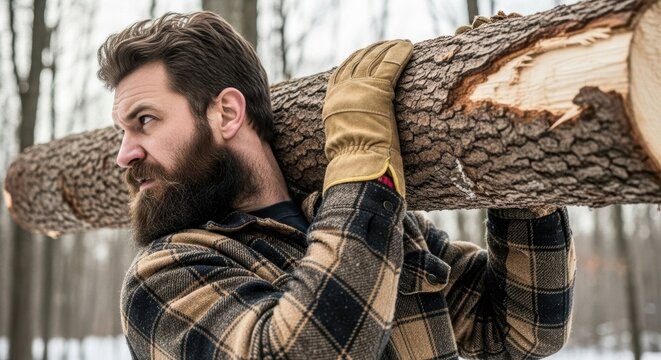 Man lumberjack carrying log on his shoulder in winter forest. Woodcutter working to harvest timber for firewood. Forestry and natural resources concept.