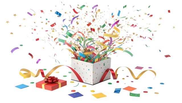 Explosion of colorful confetti and streamers erupting from an open gift box with a red ribbon and bow, isolated on transparent background