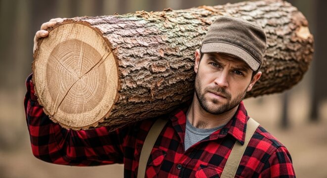 Man logger carrying large wooden log across his shoulder in nature. Authentic lumberjack lifestyle. Forestry and logging concept.
