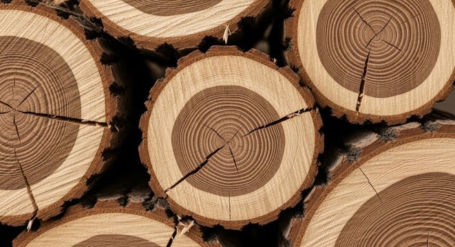 Cut tree log with visible annual rings. Natural wood background for forestry, construction, or environmental concept. Timber industry material.