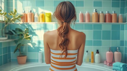 Obraz premium A person relaxes in a chic bathroom with colorful care products