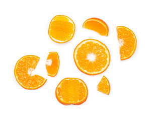 Tangerine slices isolated on white background, top view