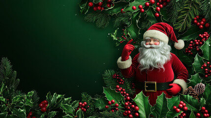 Festive Santa Claus with holly leaves looks joyful and happy