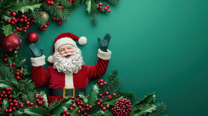 Festive Santa is joyfully surrounded by holly leaves and berries