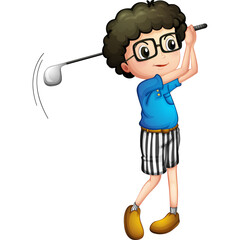 Young boy with curly hair wearing glasses and blue shirt playing golf with striped shorts and brown shoes white background