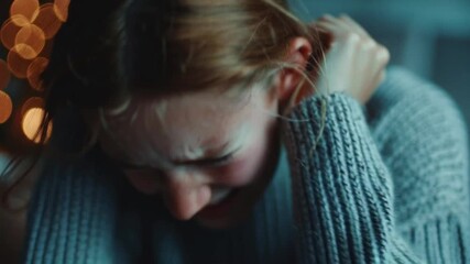 A heartbroken young woman in a sweater cries from emotional pain and mental anguish