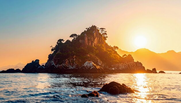 A sun rises behind a lush, rocky island in the sea, illuminating the water with a warm, golden glow and highlighting distant mountains. - Powered by Adobe