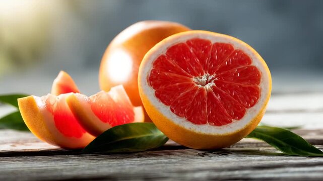 Fresh and juicy grapefruit slices resting on wooden table with green leaves against soft blurred background