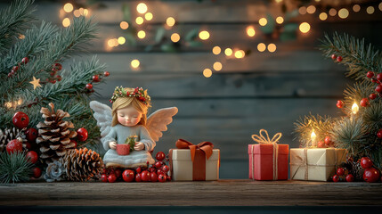 Gift, pinecone and angel feel festive on shelf display