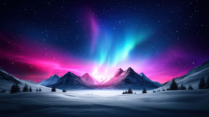 Magical landscape with radiant aurora glowing with pastel color