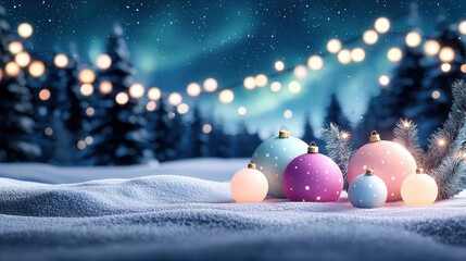 Pastel ornaments glow warmly in snow under northern lights